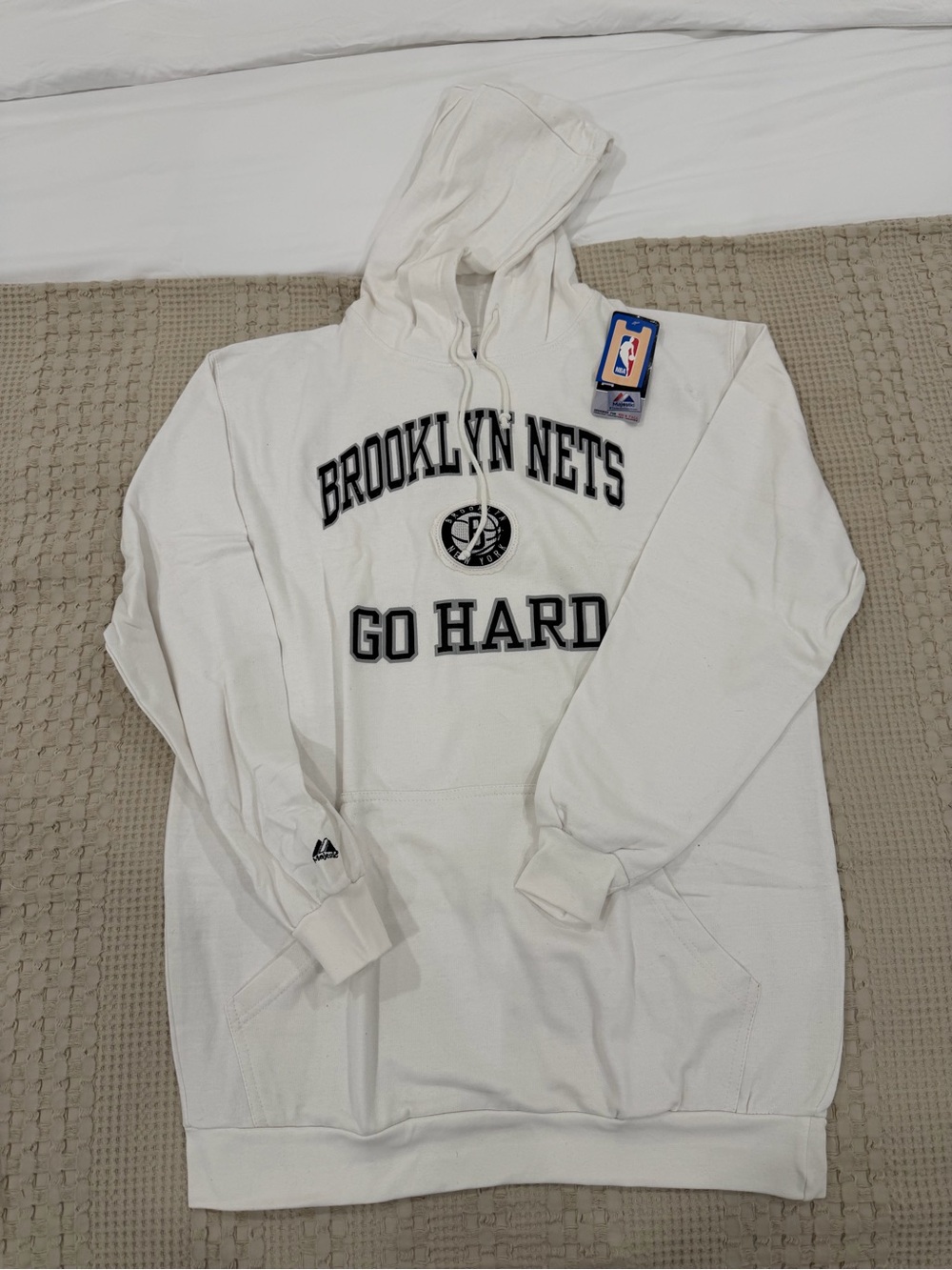 Majestic Brooklyn Nets White Pullover Hoodie with Black Lettering